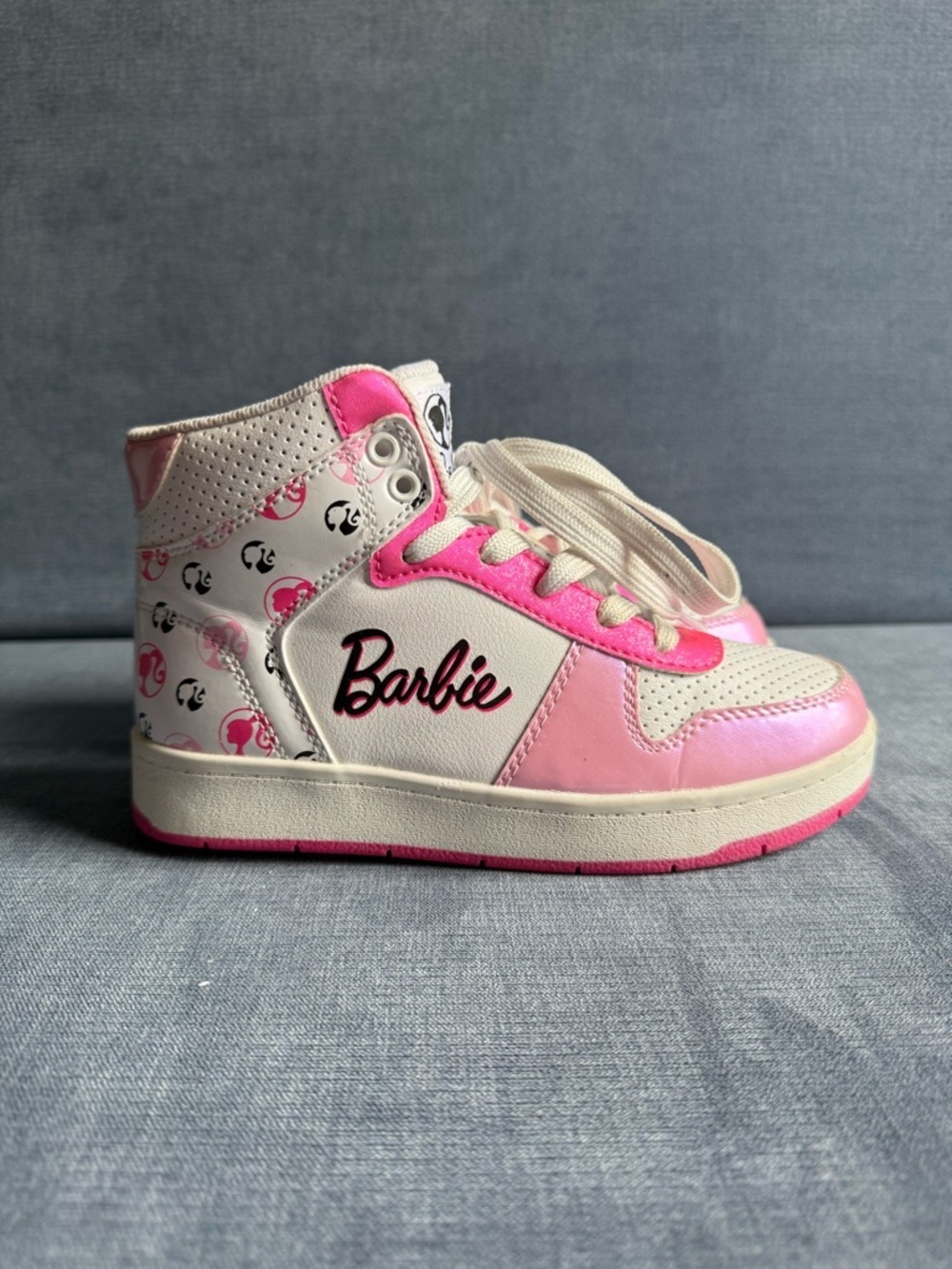 Barbie Girls High Top Lace Up Fashion Sneakers SZ 2 White Pink Logo Casual